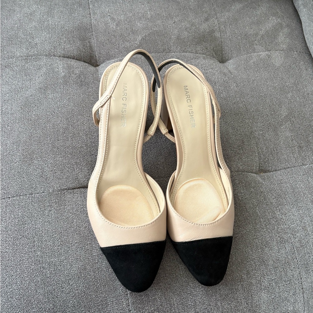 Marc Fisher Black and Cream Slingback Heels